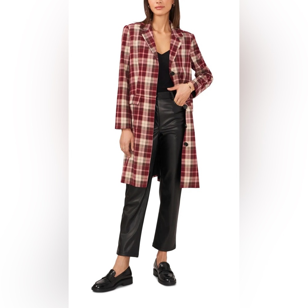 1 State Red & Beige Plaid Collar Topcoat Coat Peacoat Casual Fall Jacket NWOT - Picture 3 of 5